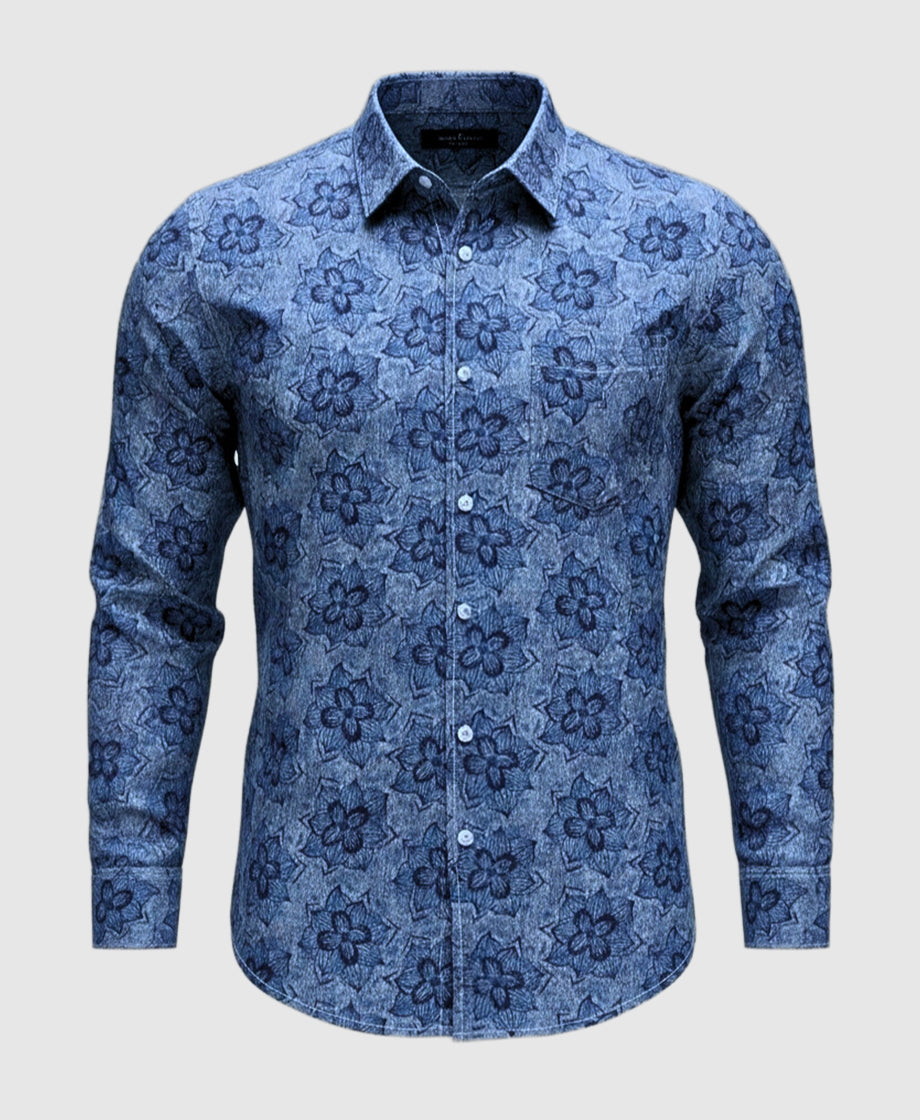 blue full sleeve men shirt with floral patterns